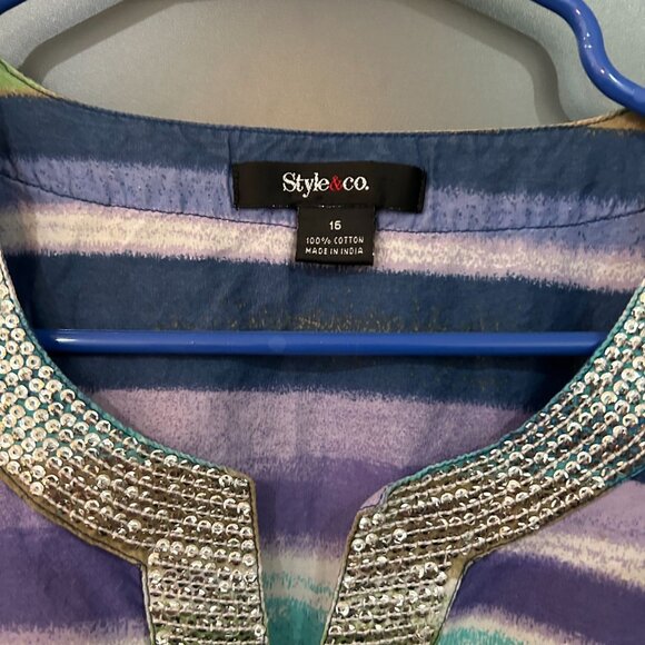 Pre-loved Size 16 Style & Co Striped Shirt with sequin detail around neckline - Picture 3 of 3
